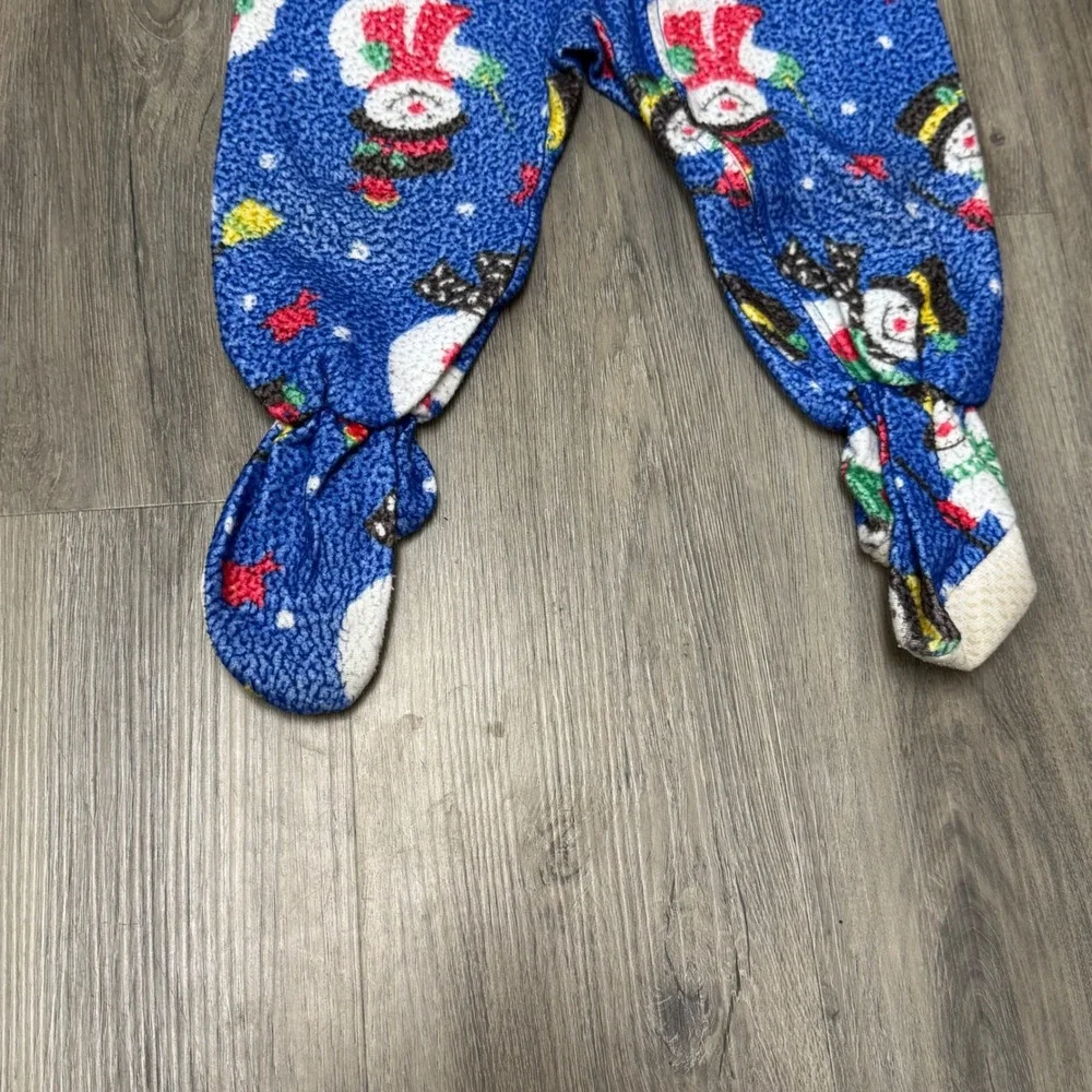 Vintage 90s Okie Dokie Kids Blue Fleece Snowman Footed Sleeper Pajamas 3T Xmas